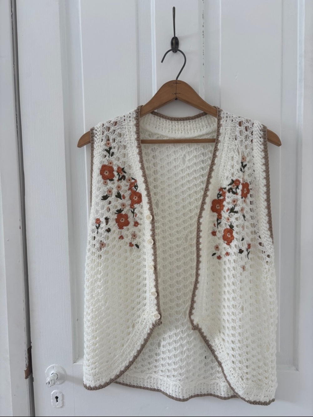 Cream Crochet Floral Knit Vest with Rust Floral Accents